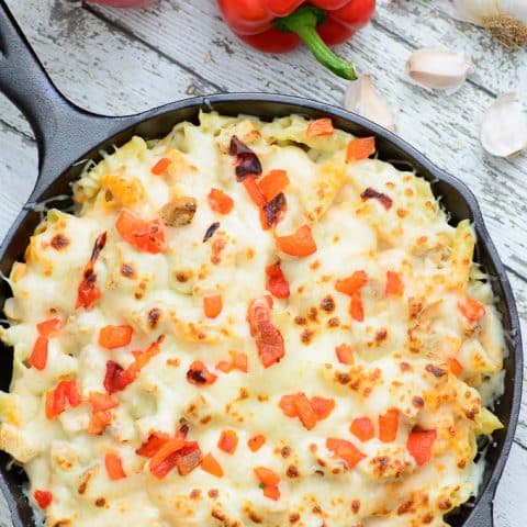 Roasted Red Pepper Chicken Alfredo Casserole. Every bite is a flavor explosion. Everybody in the family will love this delectable dish!