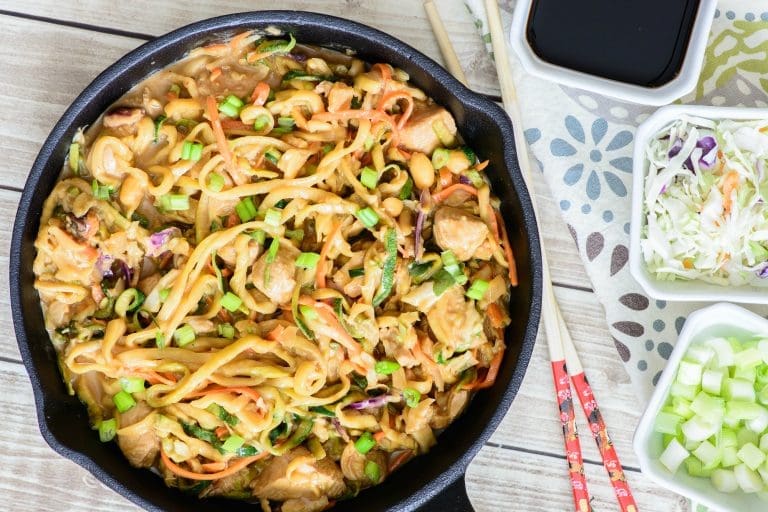 One Skillet Thai Peanut Chicken Zoodle Bowl