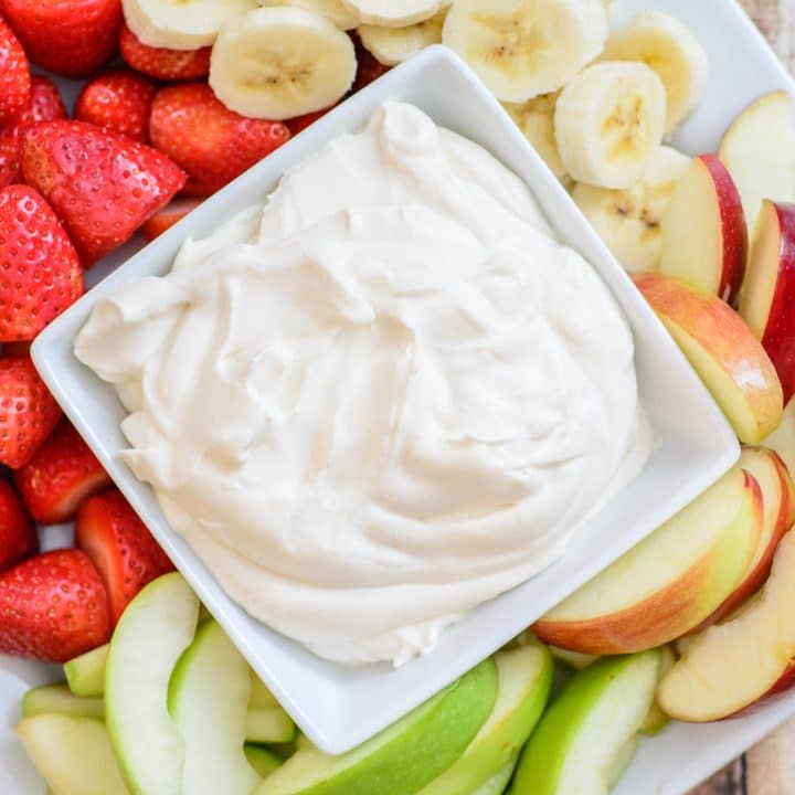 4 Ingredient Yogurt Fruit Dip. This healthy and delicious recipe is the perfect compliment to any fruit plate. Made with 3 simple and pure ingredients this fruit dip recipe is sure to be a hit no matter where you serve it!